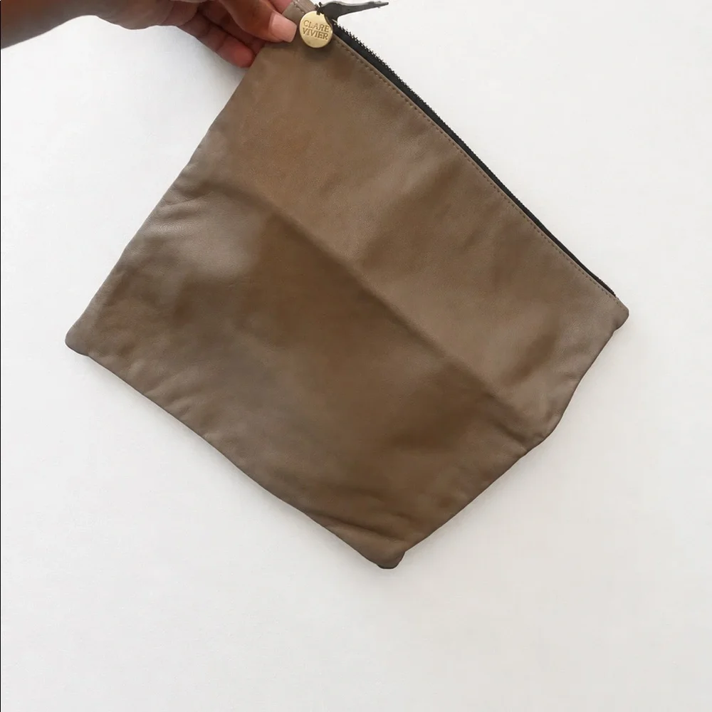 Clare V Taupe Leather Foldover Clutch